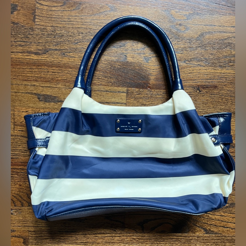Kate Navy and Cream Sateen and Parent Leather Striped Bag - Picture 10 of 13